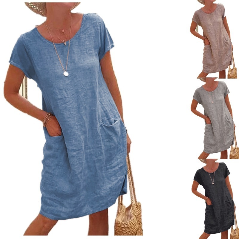 2023 New Summer Loose Solid Color Pocket Short Sleeve Round Neck Cotton Linen Dress for Women