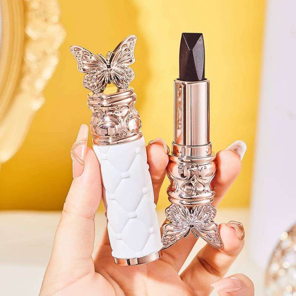 Single-color matte velvet butterfly lipstick with a three-color finish that stays on and doesn't transfer to cups. W260311