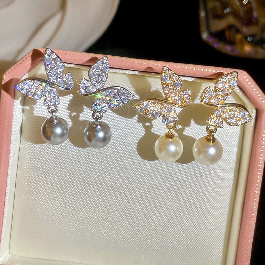18k real gold plated silver needle zircon butterfly pearl vintage fashion temperament earrings, light luxury niche earrings