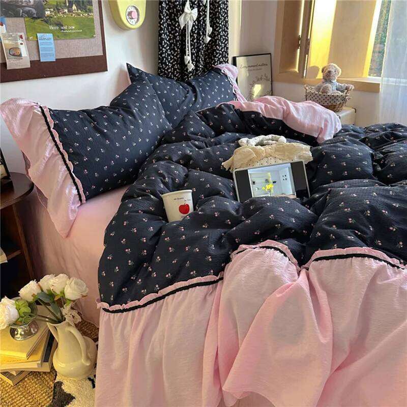 Korean Bedding Set Quilt Cover Pillowcase Flat Bed Sheet Girl Princess Ruffle Home Textile Christmas H260312