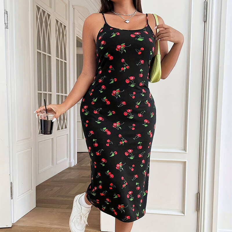 Cross-border French cherry print sweet long dress, European and American style, waist-cinching plus size suspender dress
