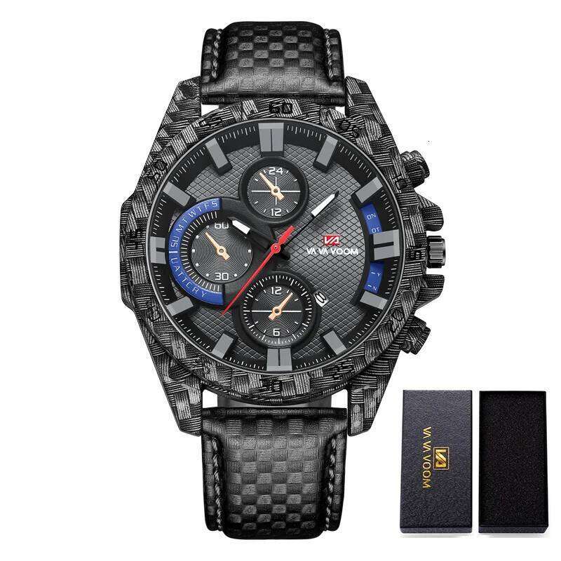 Leather With Fashionable Carbon Fiber Shell 46mm Large Dial Sports Clock Quartz Movement Military Style Watch for Men