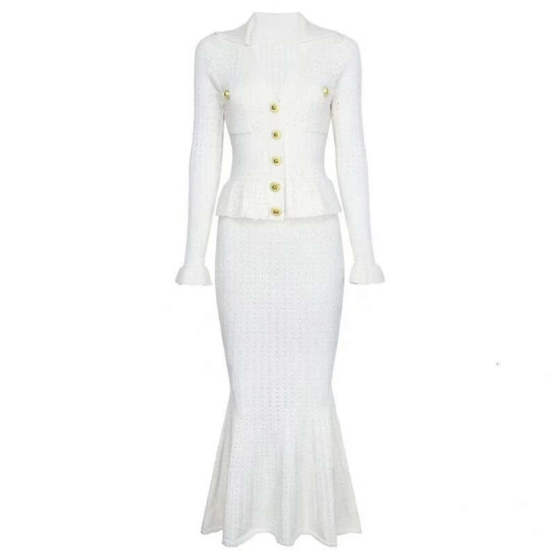 2026 Spring and Summer Elegant Social Dress Thin Hollow Knitted A15 Collar Top with Ruffle Sleeves and Fitted Fishtail Skirt Set