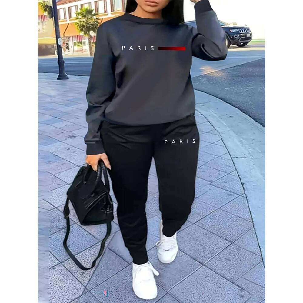 Women's autumn and winter hip-hop casual street fashion Paris letter printed round neck sports shirt+sports pants warm suit C260312