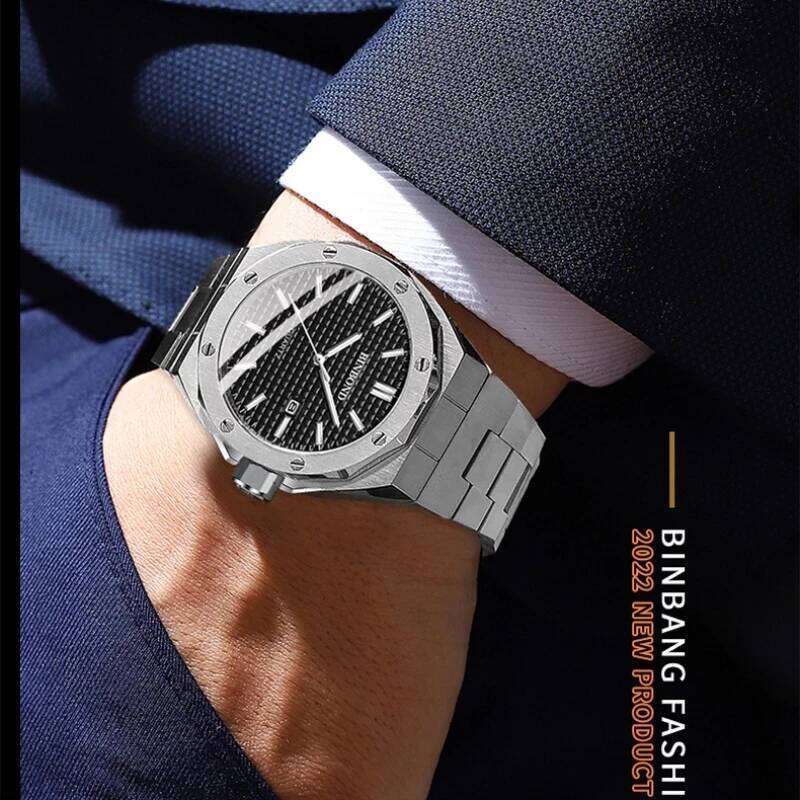 BINBOND 0233 Luxury Stainless Steel Large Dial Waterproof Night Light Men's Quartz Watch Clock 2025