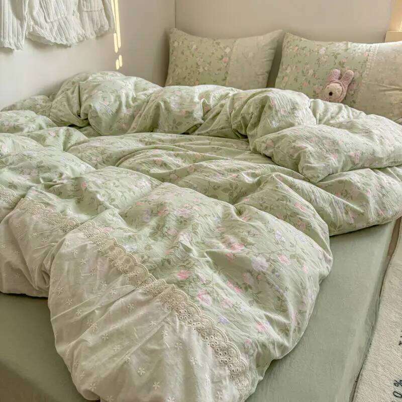 INS French Style Fresh Floral Lace Trim Four-Piece Set Washed Cloud Cotton Quilt Cover Dormitory Bed Sheet Sets H260312