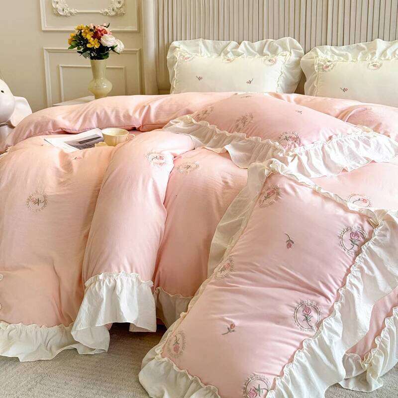 4PCS Elegant Rose Embroidery Girl Bedding Set Lace Duvet Set1*Duvet Cover 1*Bed Or Fitted Sheet + 2*Pillowcase H260312