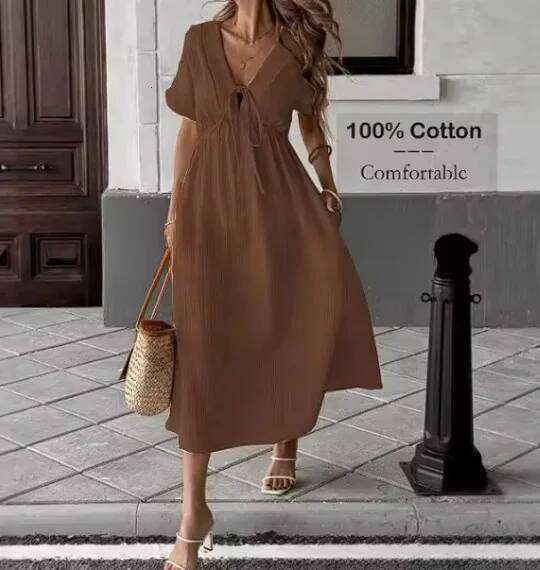 Vintage Solid Midi Summer Fashion V-neck Short Sleeve Cotton Dress Ladies Casual Holiday Vestidos Women Clothing C260312