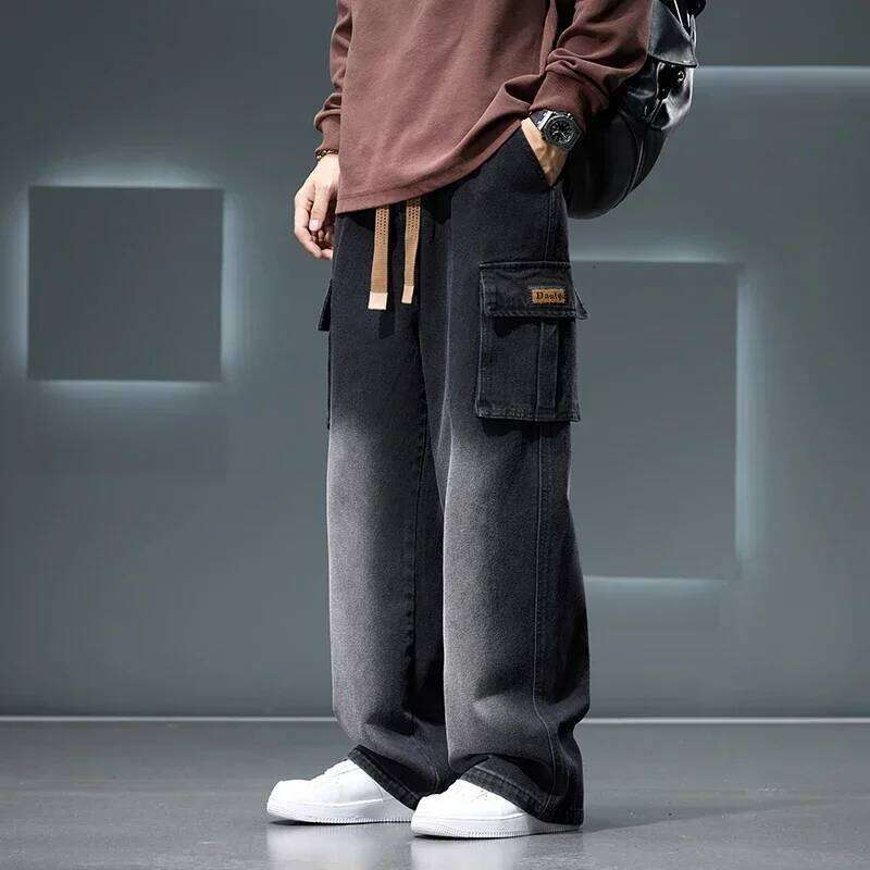 8XL Jeans New Wide Leg Washing Pants Men Trousers Neutral Solid Color Loose Casual Korean Fashion Pocket Plus Size Cargo Pant 26Y0312