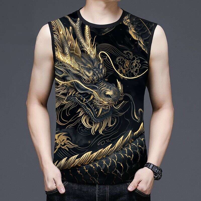 20206 Summer for men, vest with dragon pattern, casual sports thin men's clothing, trendy sleeveless T-shirt