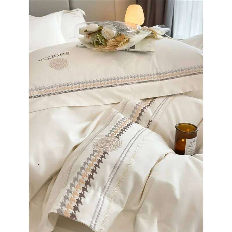 European light 120 pure four-piece set embroidered cotton quilt cover high-grade mattress bedding H260312