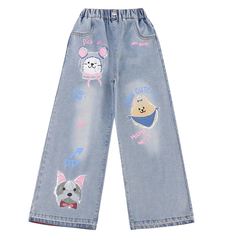 2026 Cartoon Fashion Pattern Jeans for Girl Loose Straight Denim Pants Lovely Print Kids Spring Autumn Korea Style Long Trousers 260311