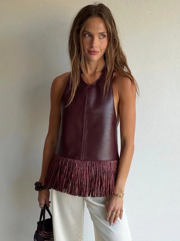 Faux Leather Fringe Ptachwork Halter Top Women Casual Solid Sleeveless Backless Female Tank 2026 Spring Summer Chic Lady Tops 260306