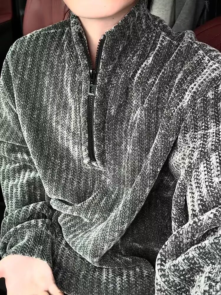 Deconstructed Design Half-zip Chenille Sweatshirt Unisex Stylish Pullover Jacket Autumn Designer Hoodie Trendy