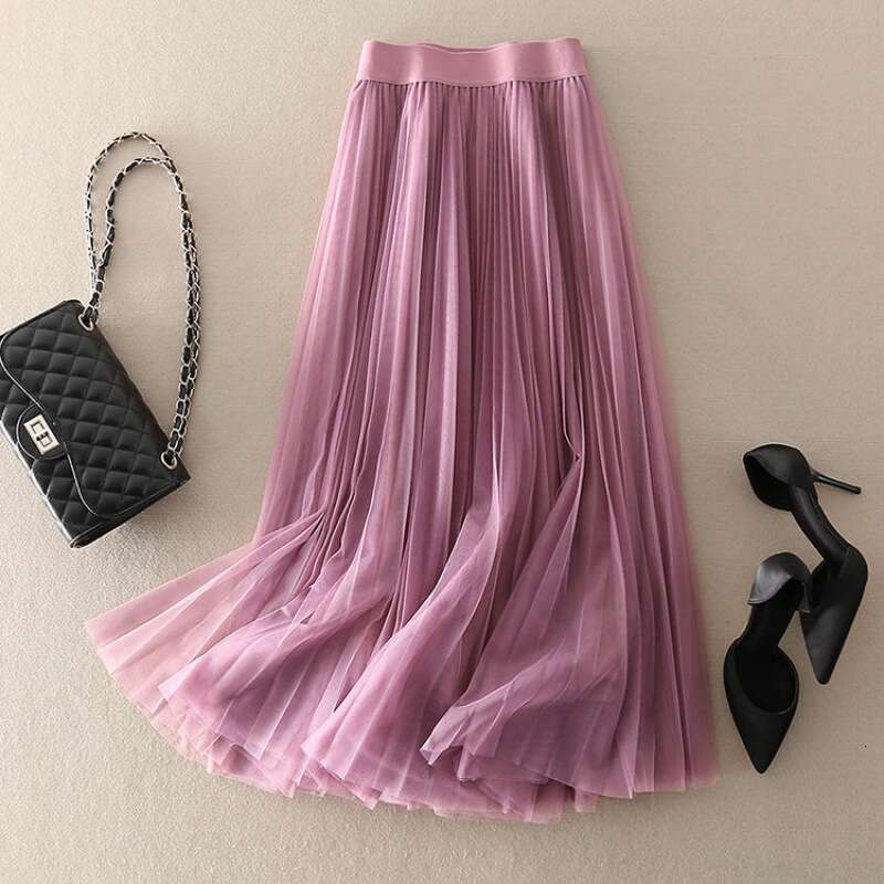 Pleated half-length A-line loose-fitting, large-hemmed, puffy mid-length plus-size mesh long skirt, all-season skirt