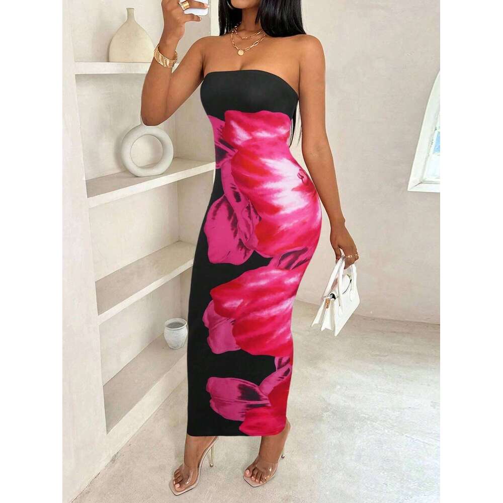 Fashion Elegant Sleeveless Print Dress Women's Sexy Backless Strapless Bodycon Maxi Dresses Summer Beach Holiday Long Robe C260312