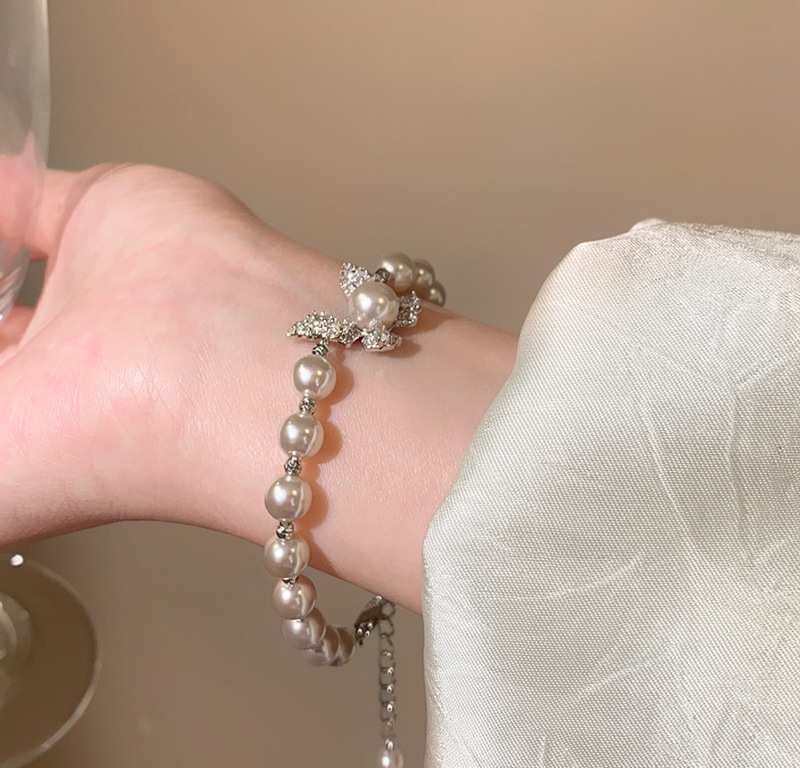 Manta Rose-Colored Pearl Bracelet for Women, French Style Micro-Inlaid Zircon Butterfly Bracelet, Niche Accessories Wholesale