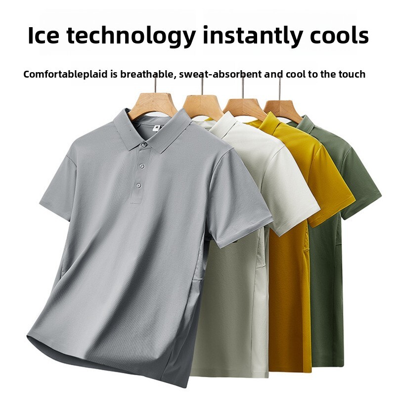 Cross-border seamless nylon-polyester for men, short-sleeved t-shirt, solid color business casual men's collared top, T-shirt polo shirt