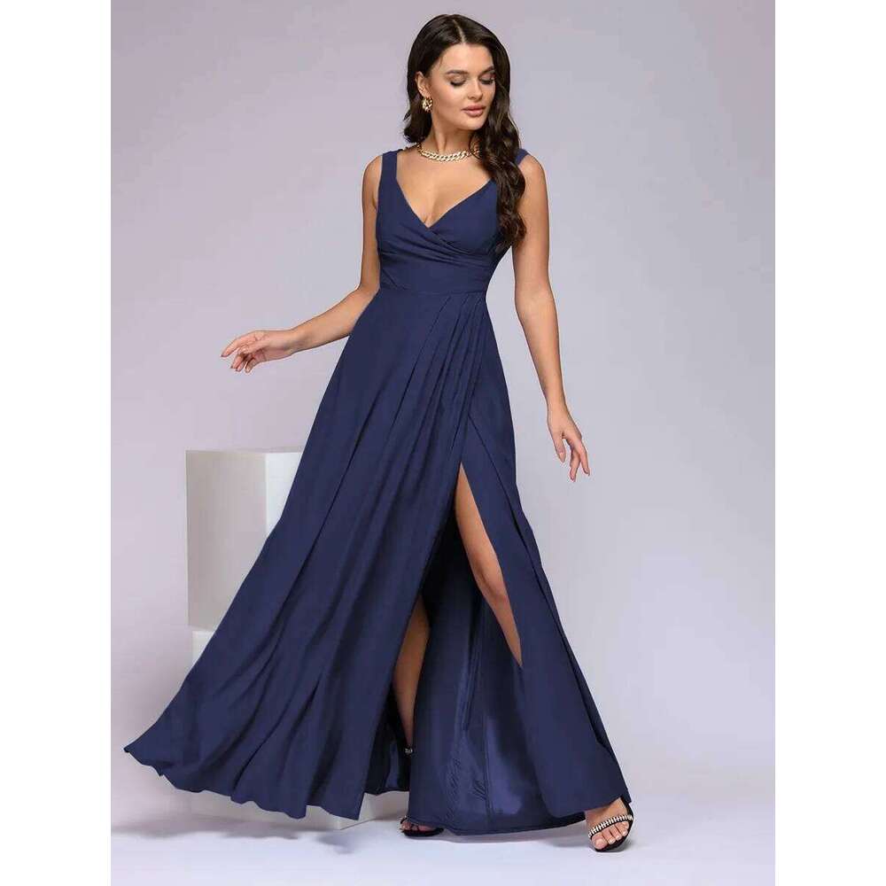 Women's 2025 Summer Solid Color Formal - Sleeveless Evening Gown with Waist Accent, Elegant Floor Length Bridesmaid Dress C260312