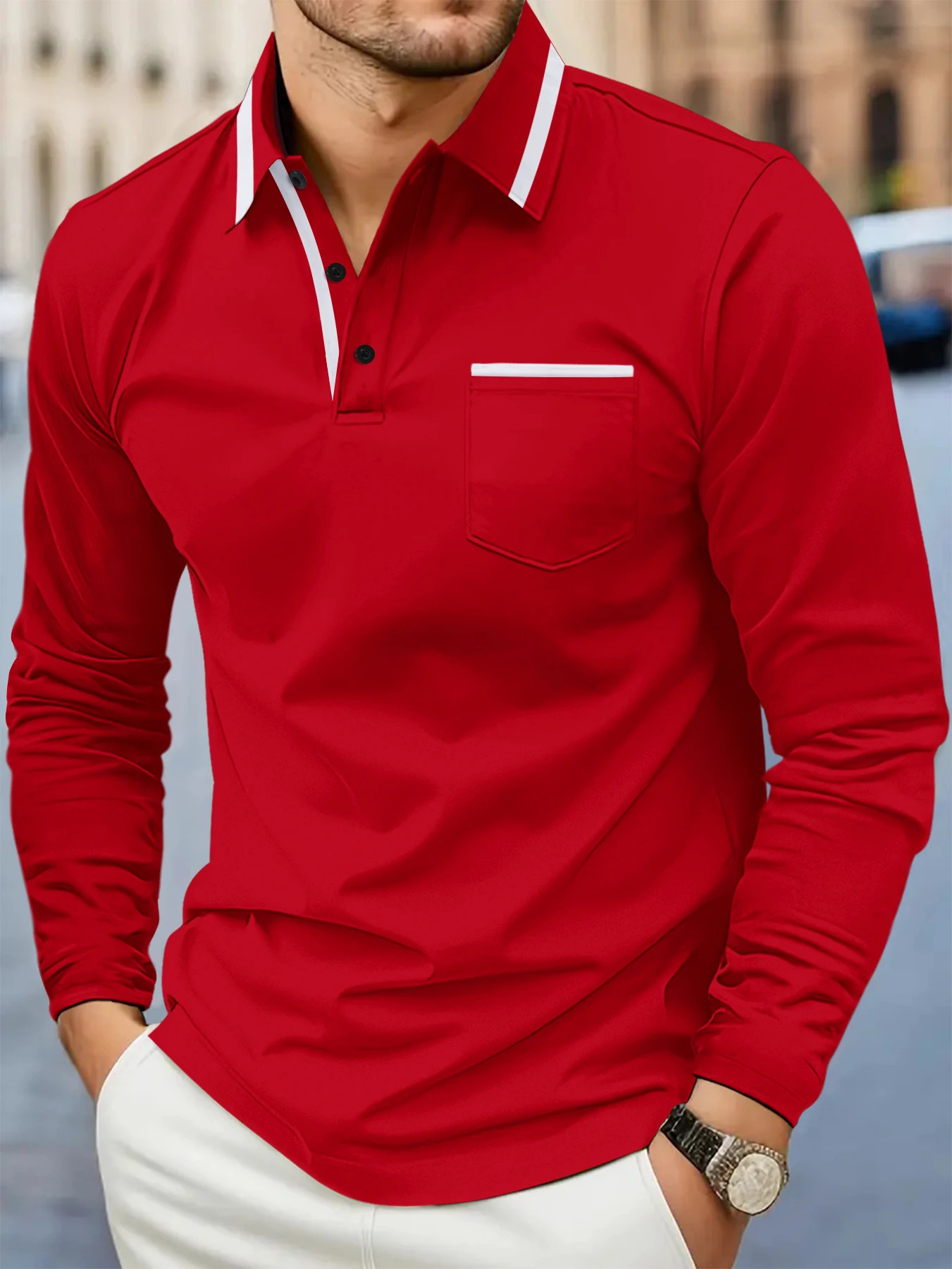 Spring and fall -selling fashion golf mens lapel pocket comfortable casual sports solid color long sleeve breathable top 260311