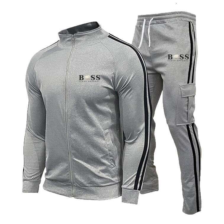 New Men's Cardigan Stand-up Collar Sports Suit, ports and casual zipper splicing pants two-piece set, Casual Slim-fit Running Sports Set