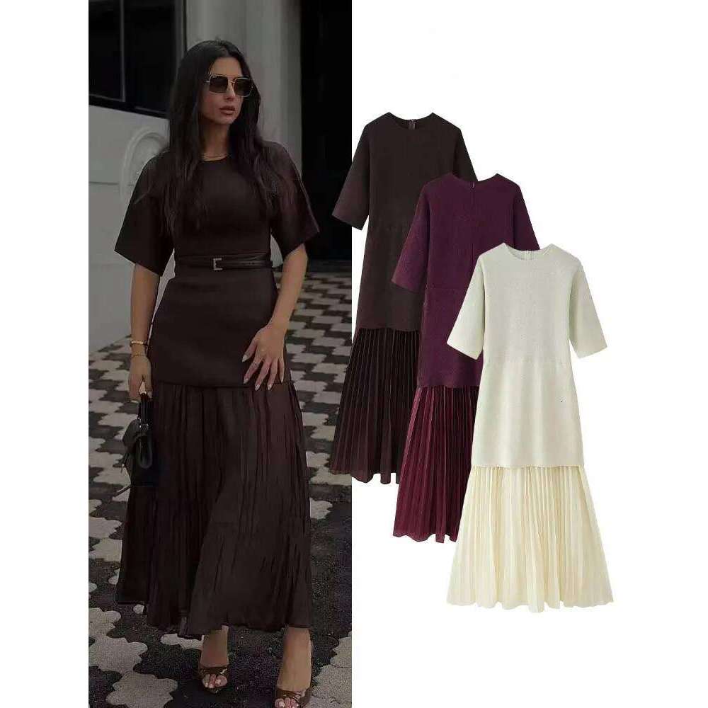 HH Women Elegant Half Sleeves O-Collar Pleated Spring Woman Rear Zipper Splicing Vintage Casual Knitted Long Dress C260312