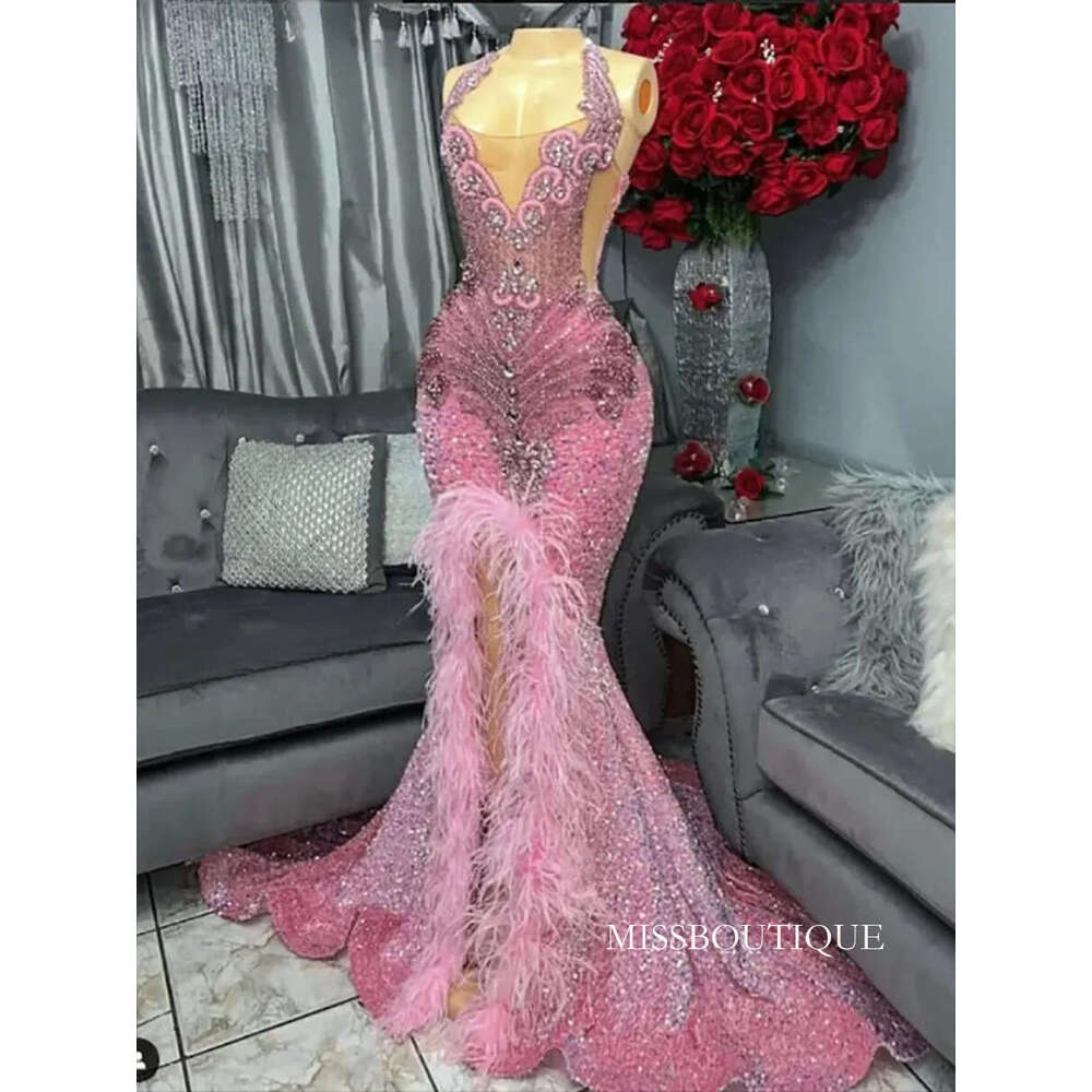 Pink Long Mermaid Prom Dresses 2026 For Black Girl Luxury Diamond Sequins Feathers Birthday Party Evening Gown Customized Plus Size J09 B0312