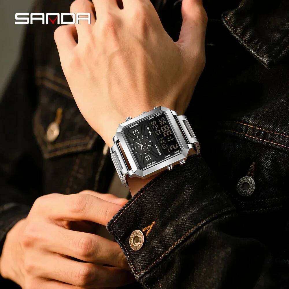SANDA 6265 Square Display Men's Electronic Quartz Dual Movement 3ATM Waterproof Night Light Sports Business Watch