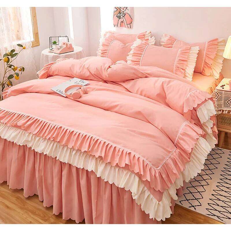 WOSTAR Pink princess style duvet cover sheet pillowcase 2 people double bed bedding four-piece set /queen/king size H260312