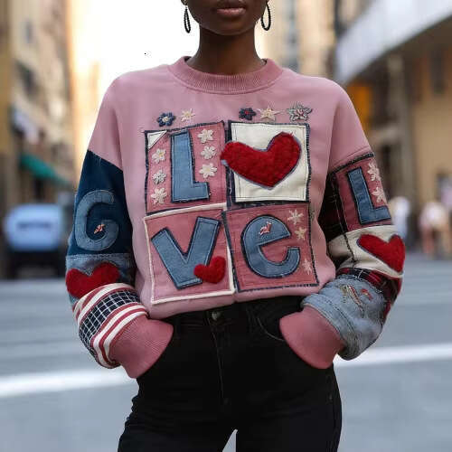 Women's Valentine's Day Knit Sweater Sweet Letter Heart Jacquard Long Sleeve Round Neck Pullovers Tops Autumn Spring Knitwear