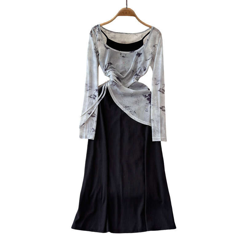 Light colored mature style drawstring irregular mesh print off shoulder a20 T-shirt retro solid color camisole skirt two-piece set