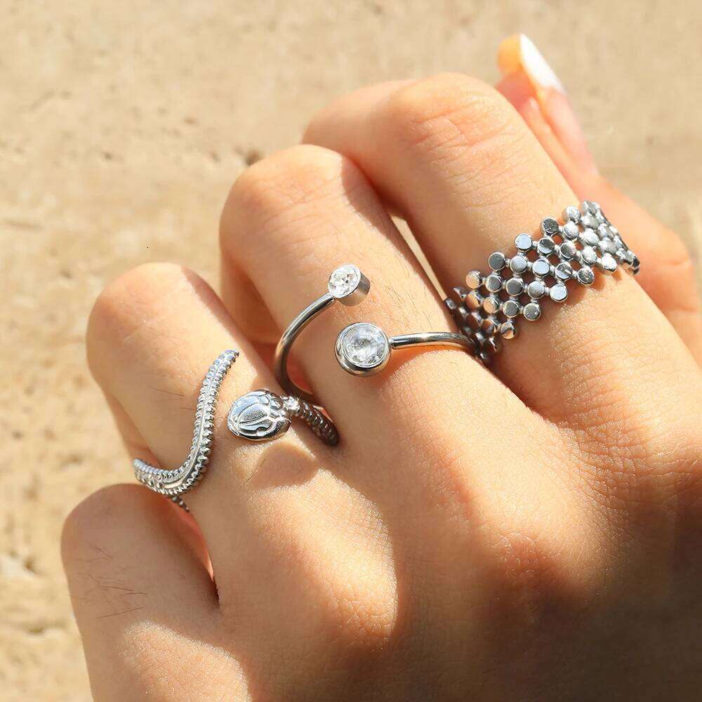 DGIDDK Stainless Steel Geometric Hollowing Design Open Snake Ring 3 Piece Set Women Simple Fashion Adjustable Finger Jewelr H260312