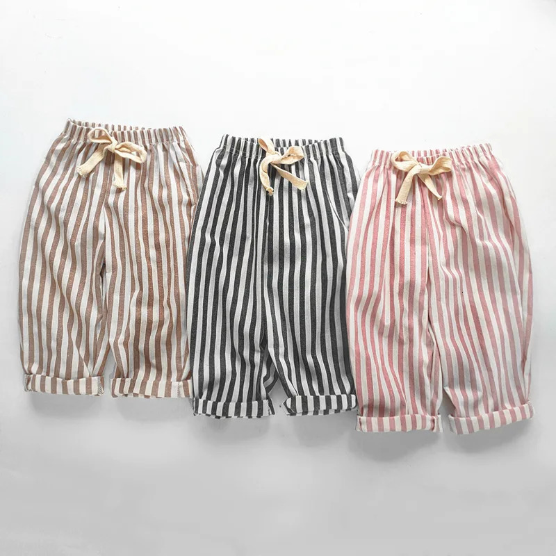 Linen Cotton Stripe Pants for Boys Girls Summer Autumn Casual Loose Kids Childrens Trousers 260311