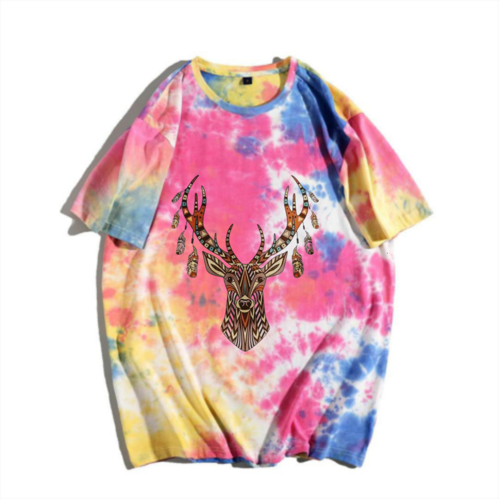 China-Chic tie dye national style deer head T-shirt gradual change dopamine top American retro casual short sleeve summer breathable casual T-shirt