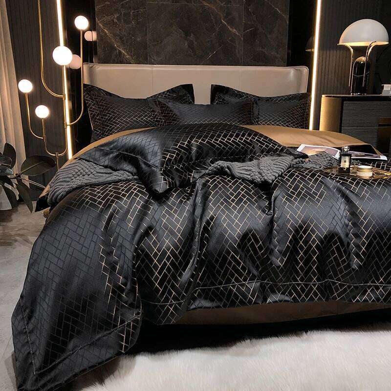 New Black Gold Yarndyed Jacquard Egyptian Cotton Bedding Set Satin Smooth Duvet Cover Flat/Fitted Sheet Pillowcases 4Pcs H260312