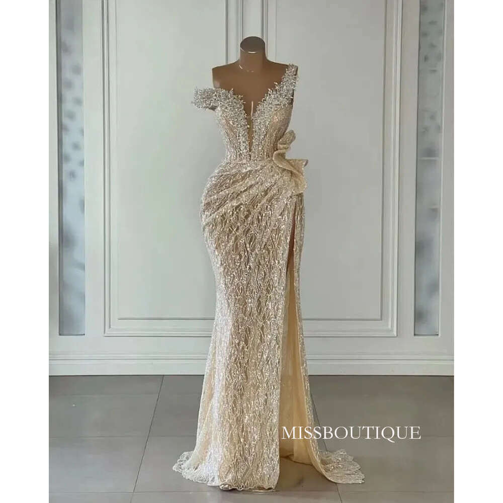 Elegant Champagne Mermaid Prom Sleeveless V Neck Beaded Appliques Sequins Floor Side Slit Lace Evening Dresses Plus Size Custom Made D01 B0312