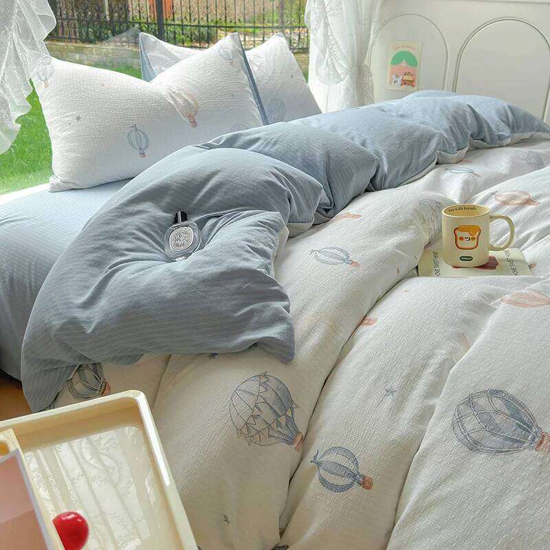 Cartoon Hot Air Balloon Duvet Covers Set, Modern Room Decor Double Layer Yarn Bedding Sets Flat Sheet 4 Pieces for Kids Teens H260312