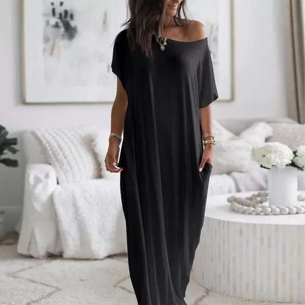 Popular foreign trade product: European and American summer new women's solid color short-sleeve long casual dress