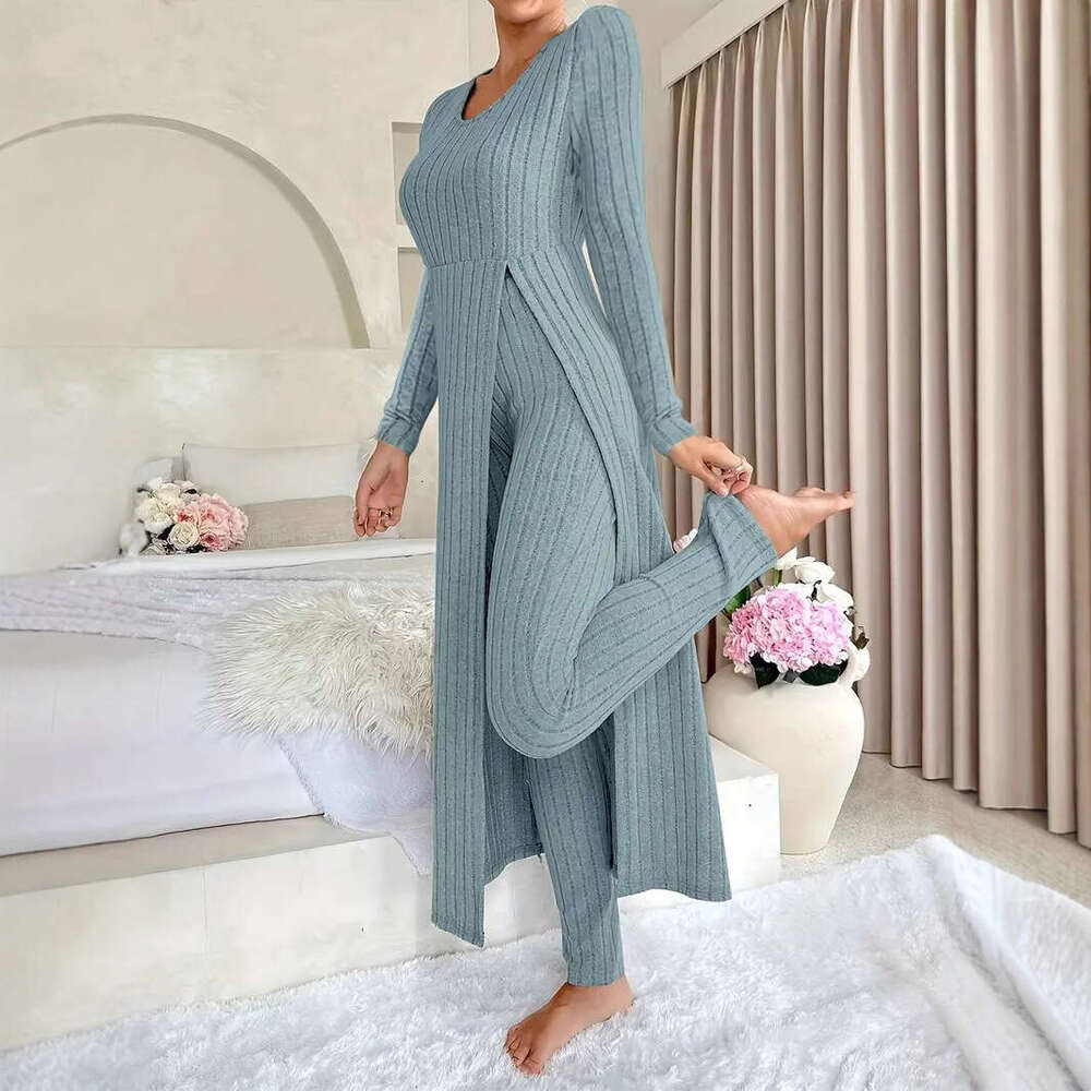 In-stock European American cross-border independent station Amazon new design round-neck split long-sleeve two-piece set for spring and autumn