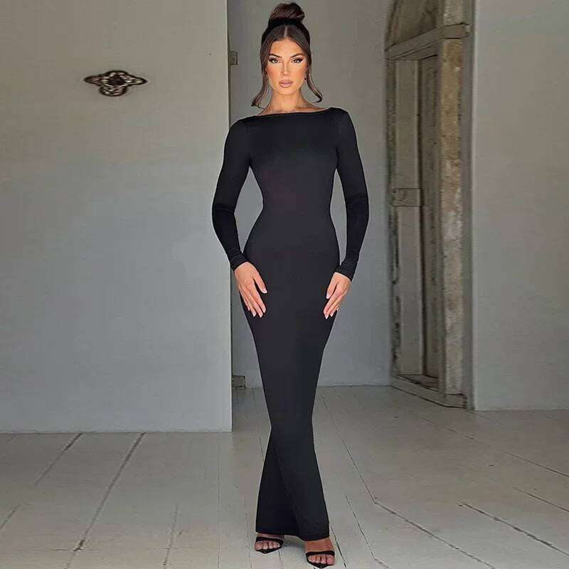 Autumn Winter Sexy Backless Bodycon Ruched Evening Party Maxi Dress Outfit for Women Long Sleeve Black Club Dresses Vestido C260312