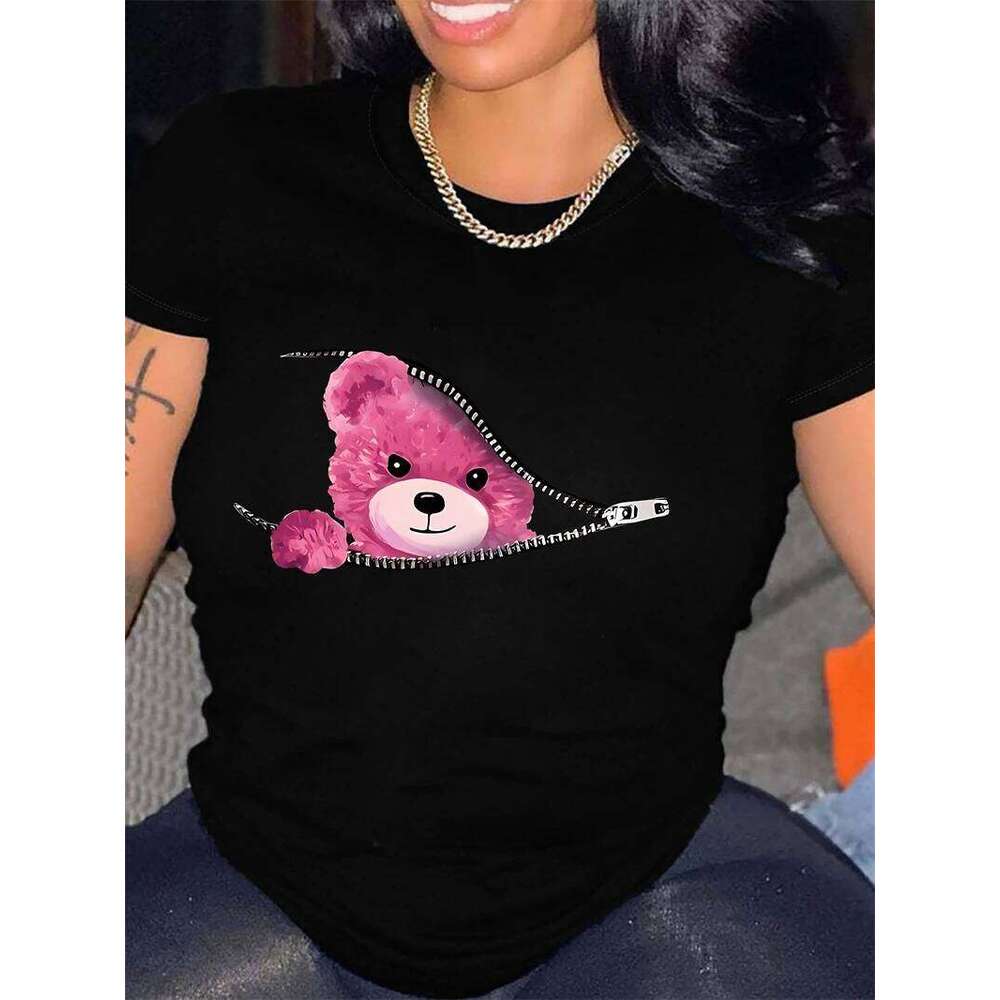 Cartoon Bear Print T-Shirt, Casual Crew Neck Short Sleeve Top For Spring & Summer, Women's Clothing t shirt Z260312