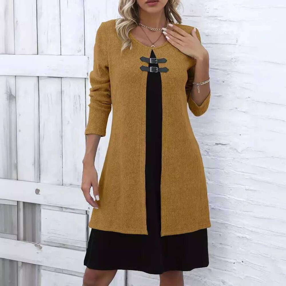 Spring Autumn Women's New Solid Sleeved Round Neck Elegant Splicing Knitted Long Casual Comfortable Dress For Women C260312