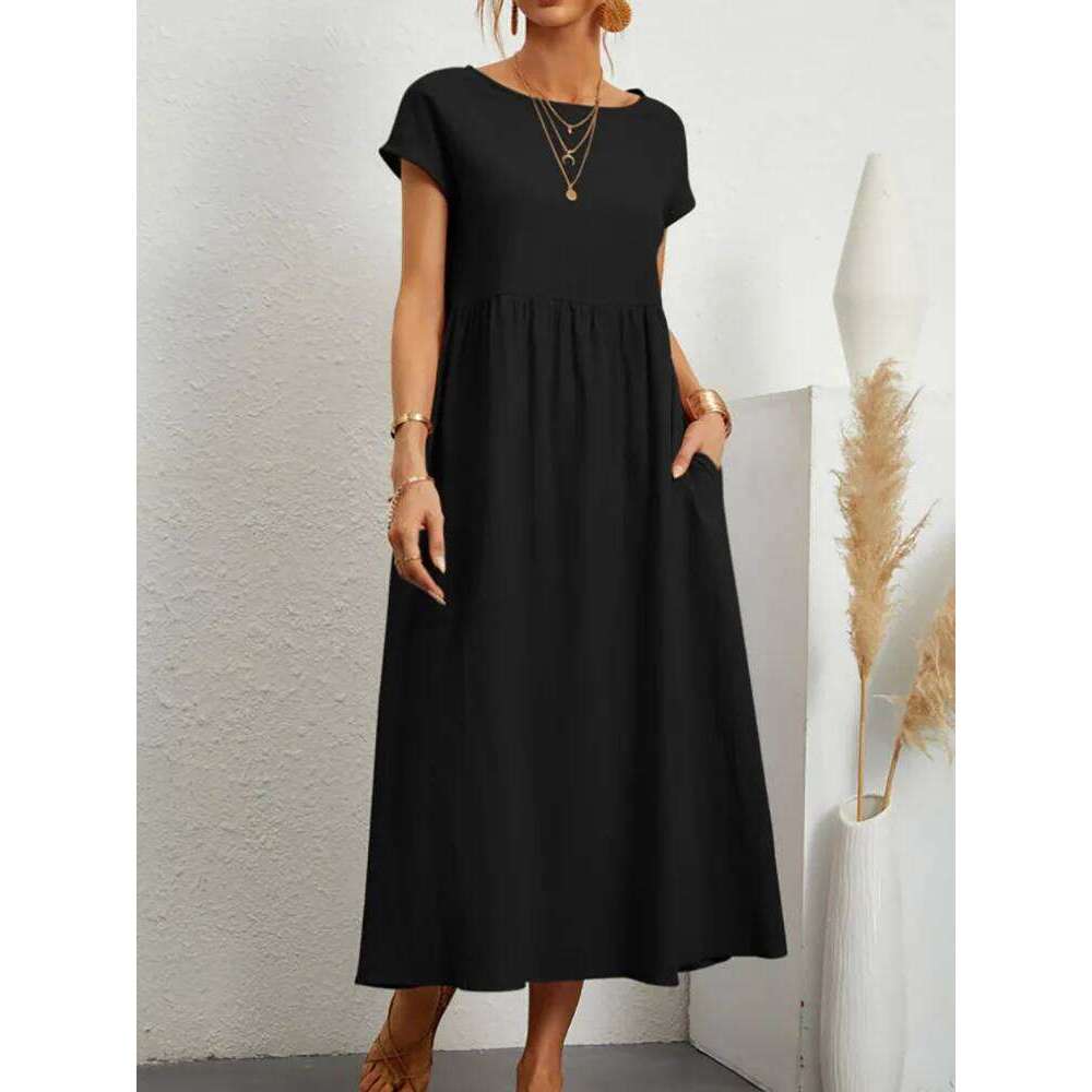 Women Vintage Solid 2023 Summer Elegant O Neck Short Sleeve Cotton Linen Dresses Female Casual Loose Sundress Long Dress C260312
