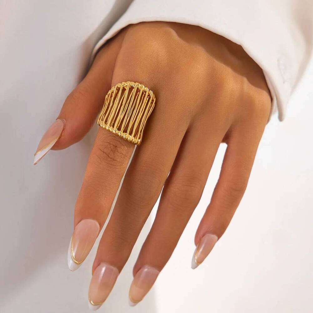 XIANING Stainless Steel 18K Gold Color Plated Metal Geometric High Quality Ring Water Resistant Texture Fashion Daily Jewelry H260312