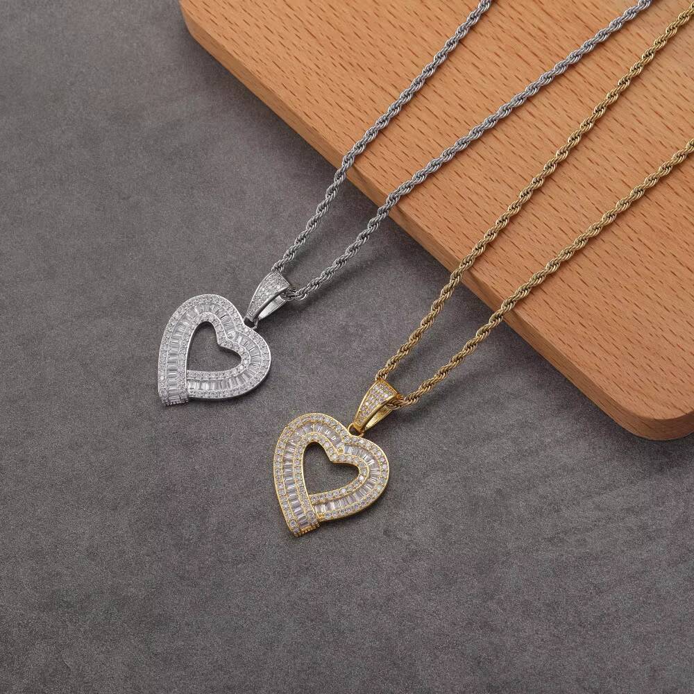 Top ICY Fashion Hip Hop Baguette Heart Pendants for Necklace Couples Men and Women love Romantic Iced Out Pendant Necklace