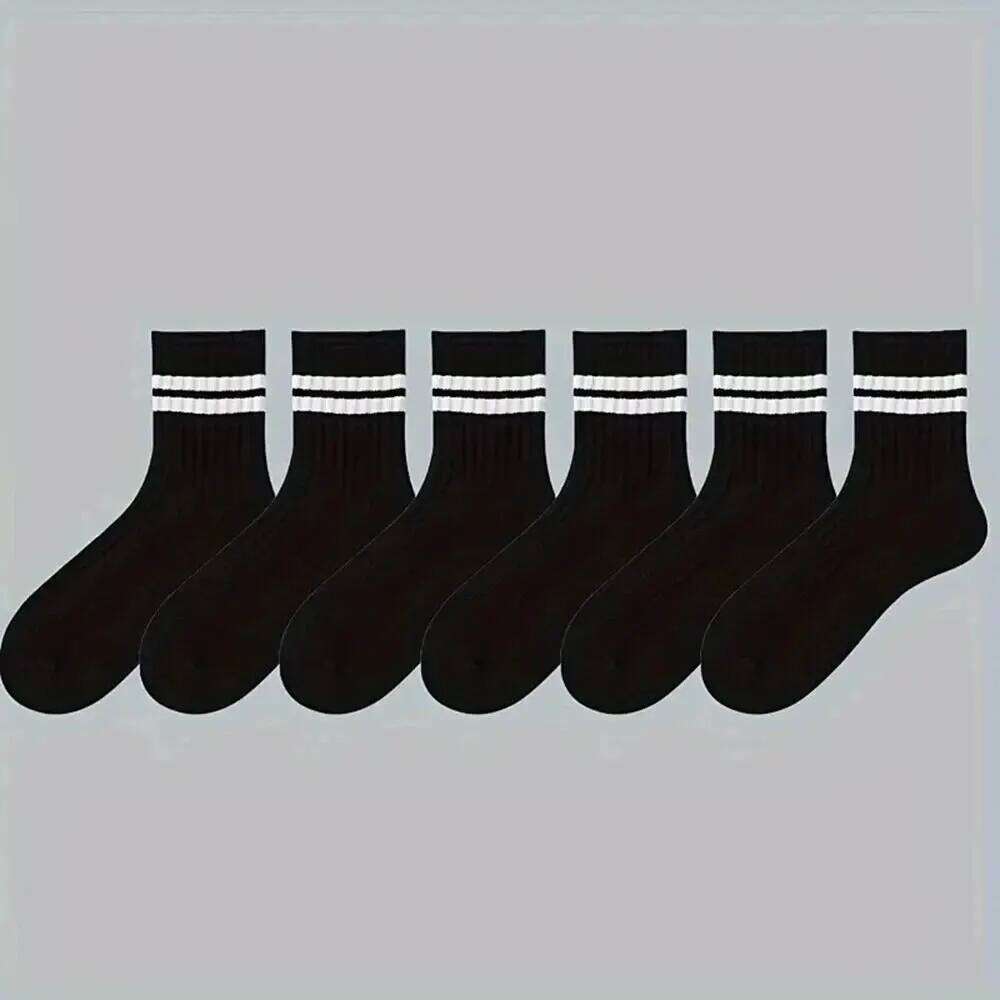 6 Pairs Men's Spring Autumn Simple Casual Black White Striped Breathable Mid Tube Sock High-quality Round Neck Socks Z260312