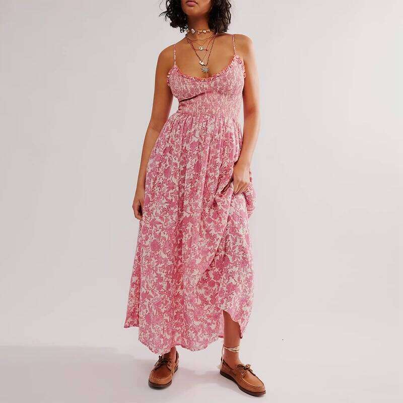 Maemukilabe Women Beach Style Holiday Maxi Floral Spaghetti Straps Backless Swing Summer Long Dress Cocktail Party C260311