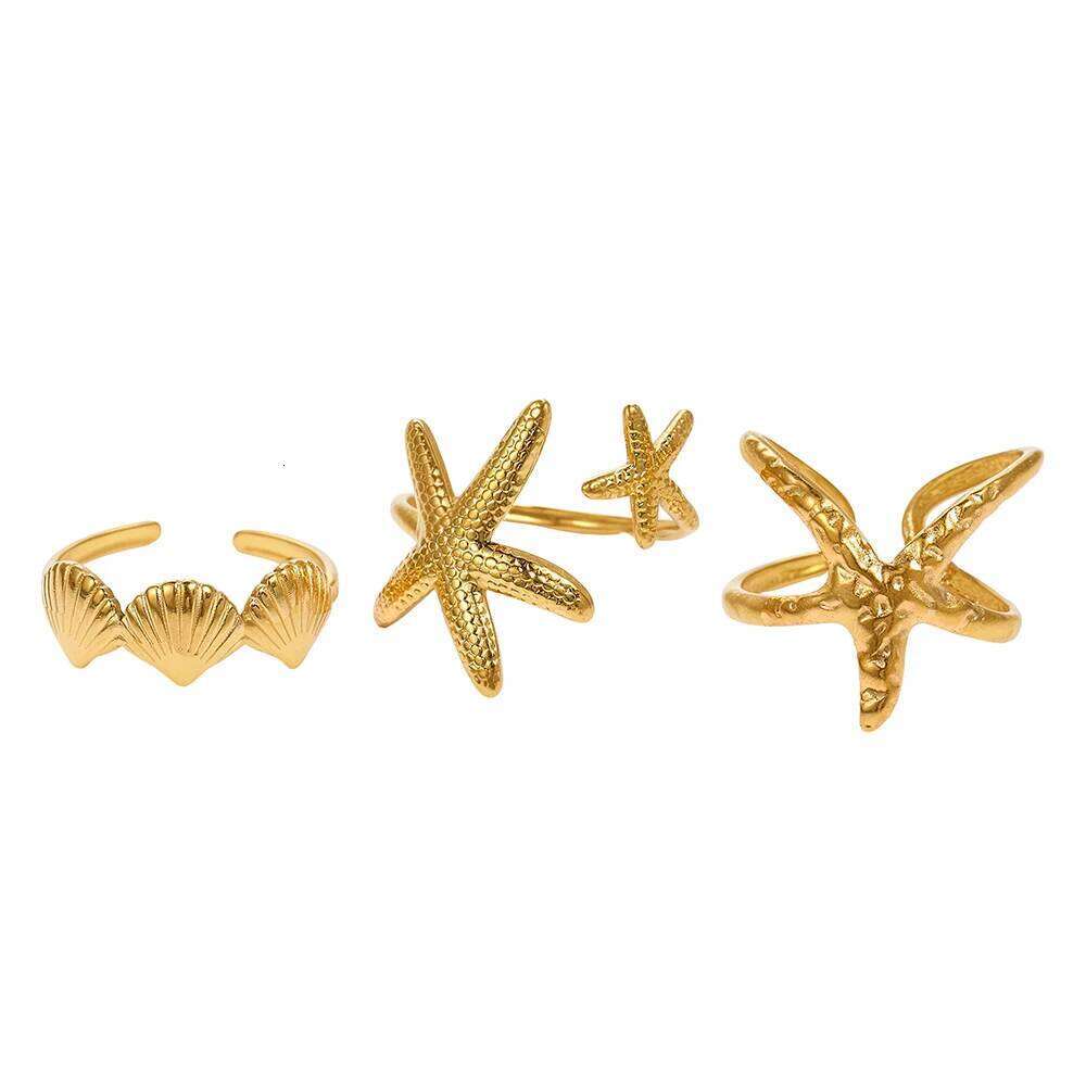 DGIDDK Stainless Steel Ring Set of 4 Resort Style Starfish Shell Women's Rings Summer Sunshine Beach Party Jewelry Gifts H260312