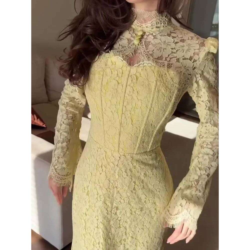Women Elegant Embroidery Hollow Casual Long Sleeve Solid Slim Party Dress Fashion Half High Collar Temperament Gowns C260312