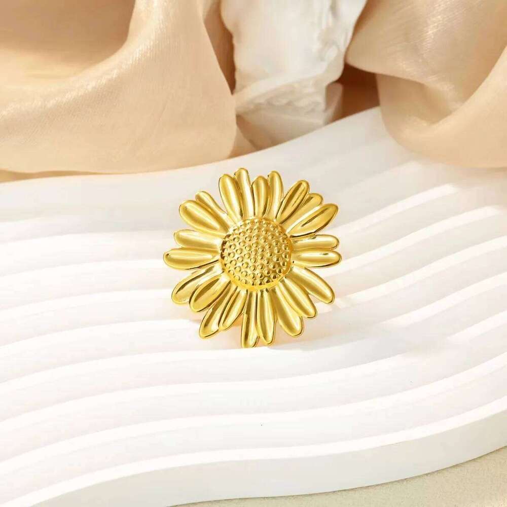 Exaggerated Big Bloom Flower Rings For Women Gold Color Stainless Steel Sunflower Open Finger Ring Female Fashion Jewelry Gifts H260312